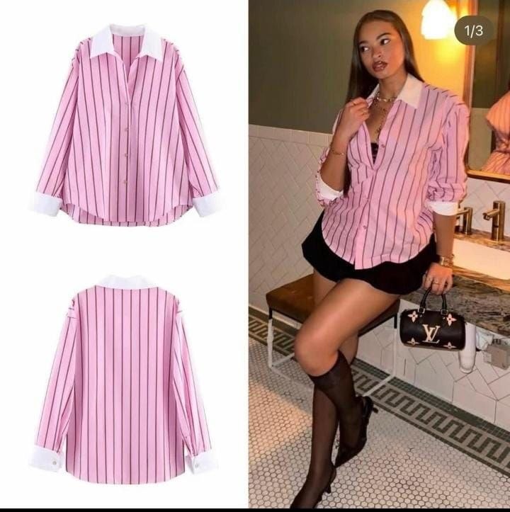 Women's Pink Striped Long Sleeve Button Up Shirt
